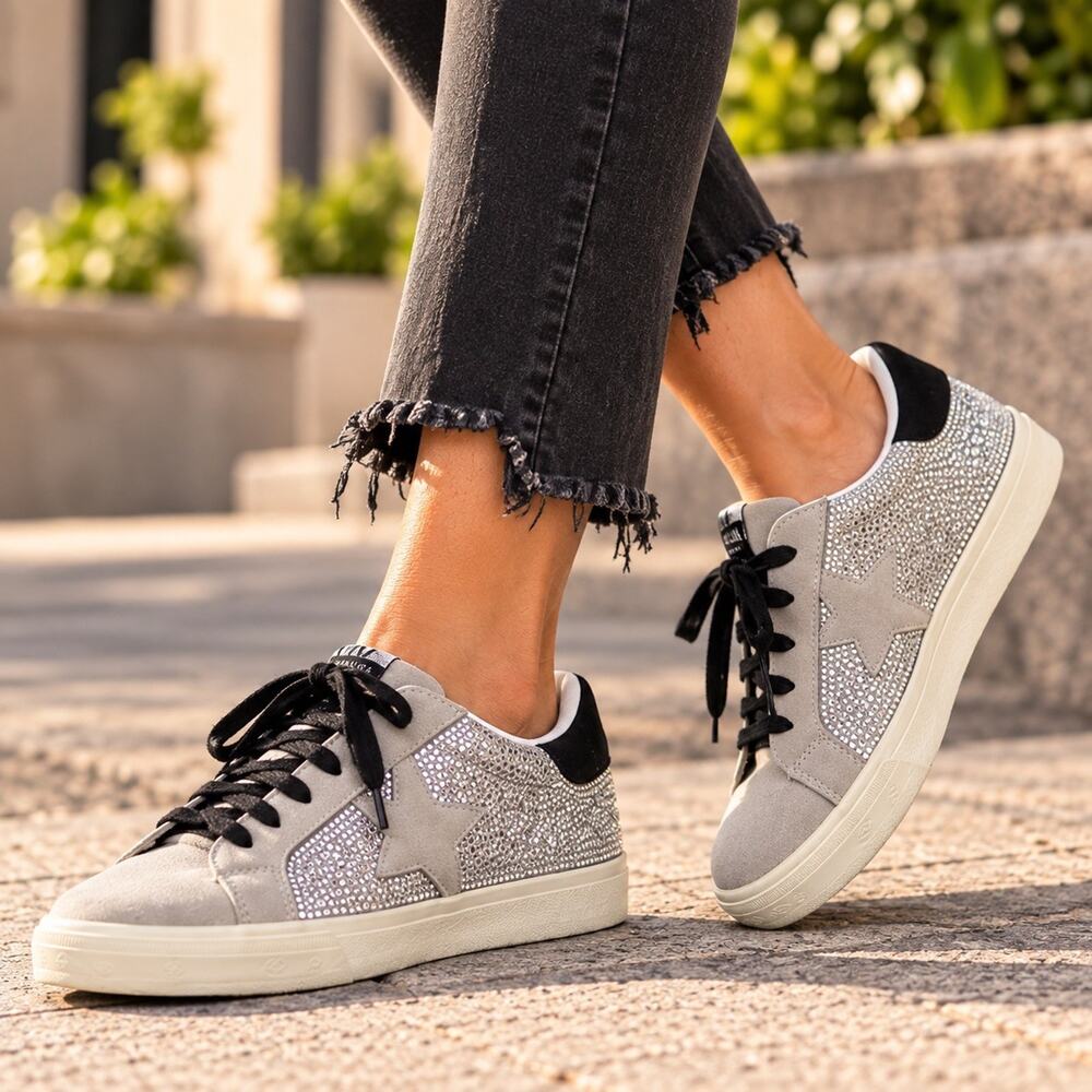 Vintage Havana Women’s Size 10 Rhinestone Sneakers Silver Gray Black Lace Up EUC